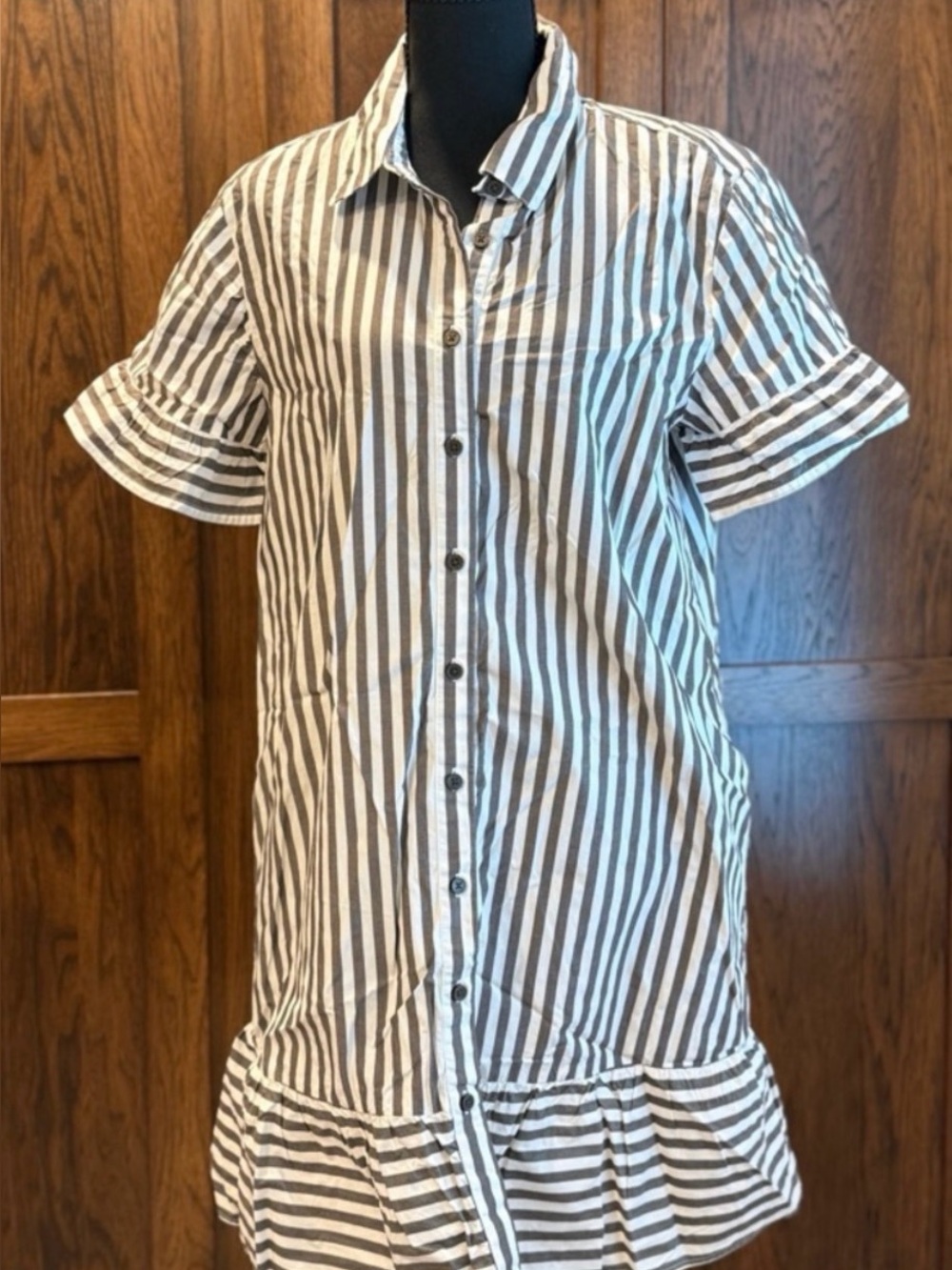 LOFT Brown White Striped Mini Dress XL Cotton Pockets Ruffle